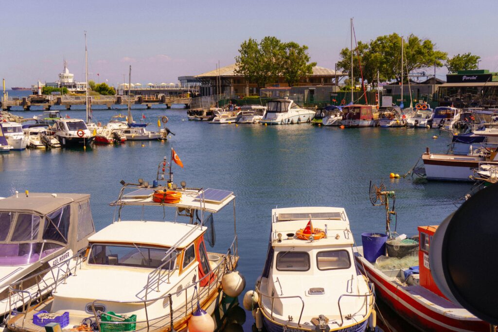 Boats moored at a lively Istanbul marina under a clear summer sky ideal for travel and leisure.
